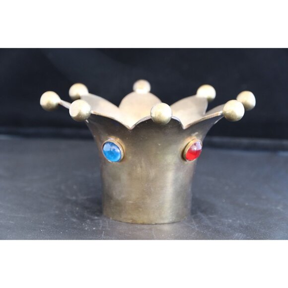 Vtg Round Brass Trinket Dish with A Crown Design Embellished With Blue Red Green - Picture 1 of 8